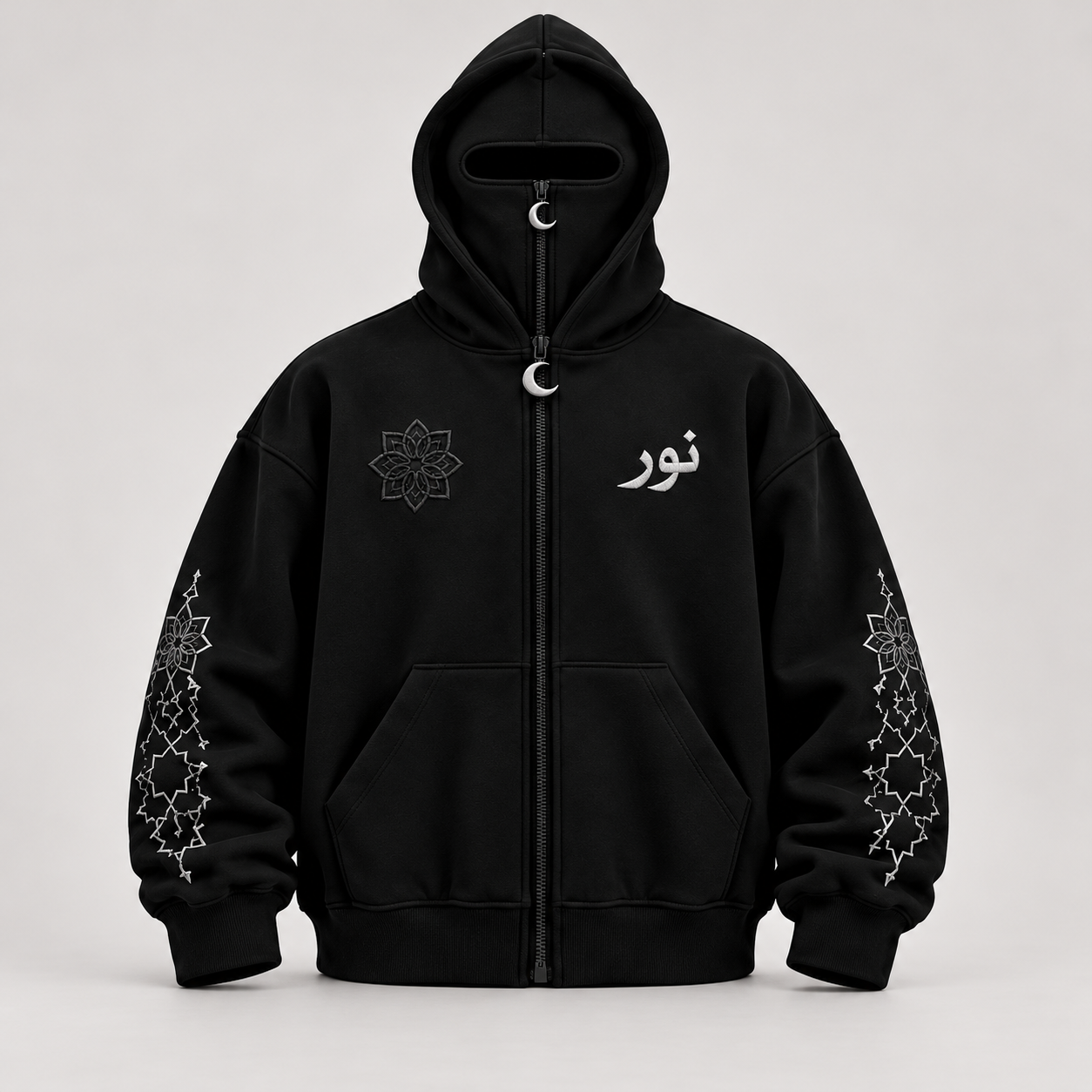 Nour black balaclava hoodie with silver Arabic chest embroidery and geometric sleeves